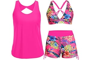 Yonique 3 Piece Tankini Swimsuits for Women Swim Tank Top Bathing Suits with Boy Shorts and Bra Athletic Swimwear