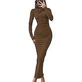 ZESICA Women's Fall 2026 Long Sleeve Bodycon Maxi Dresses Sexy Ruched Crew Neck Slim Fit Cocktail Party Dress