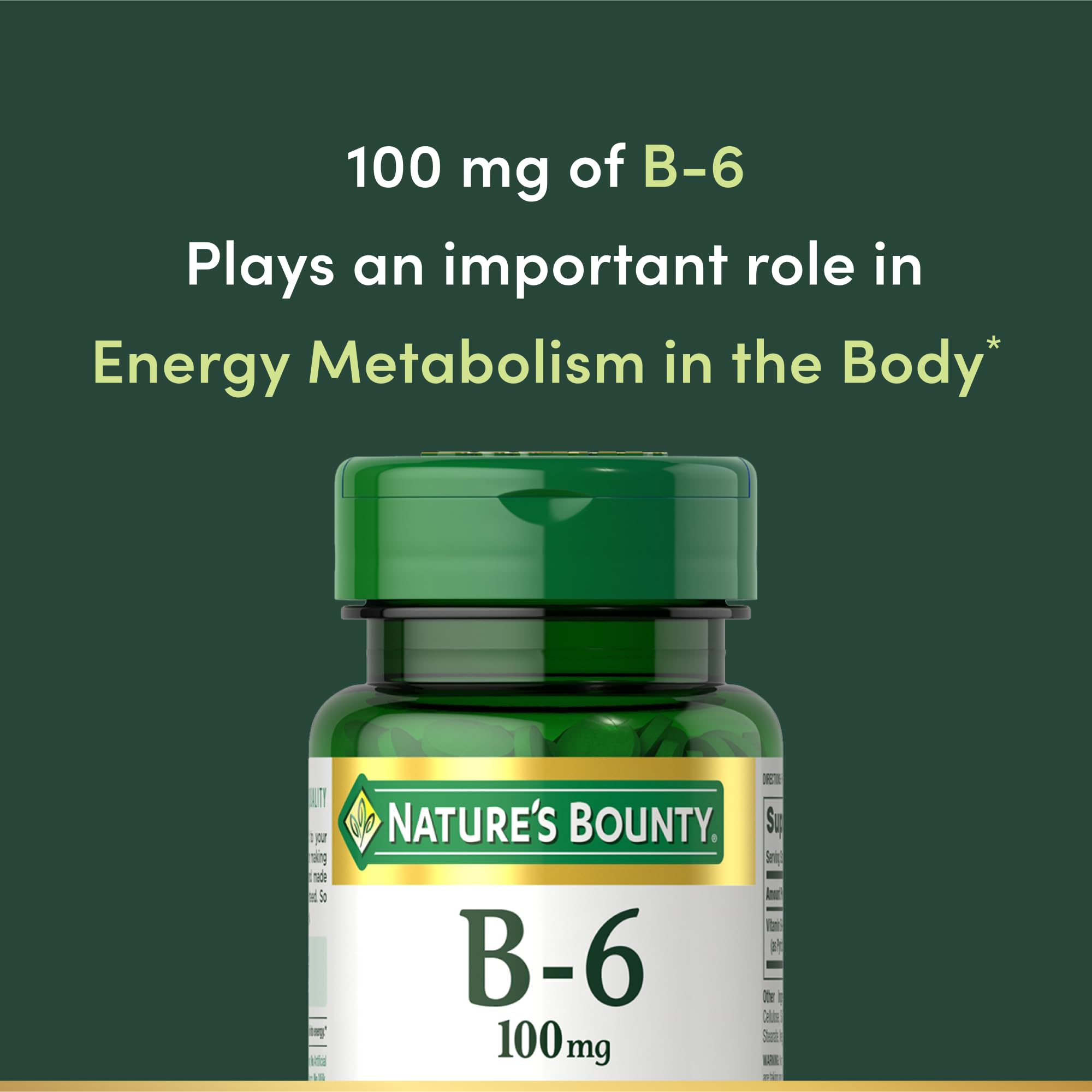 Nature's Bounty Vitamin B6 100mg Tablets - Supports Energy Metabolism & Nervous System Health, 100 Ct