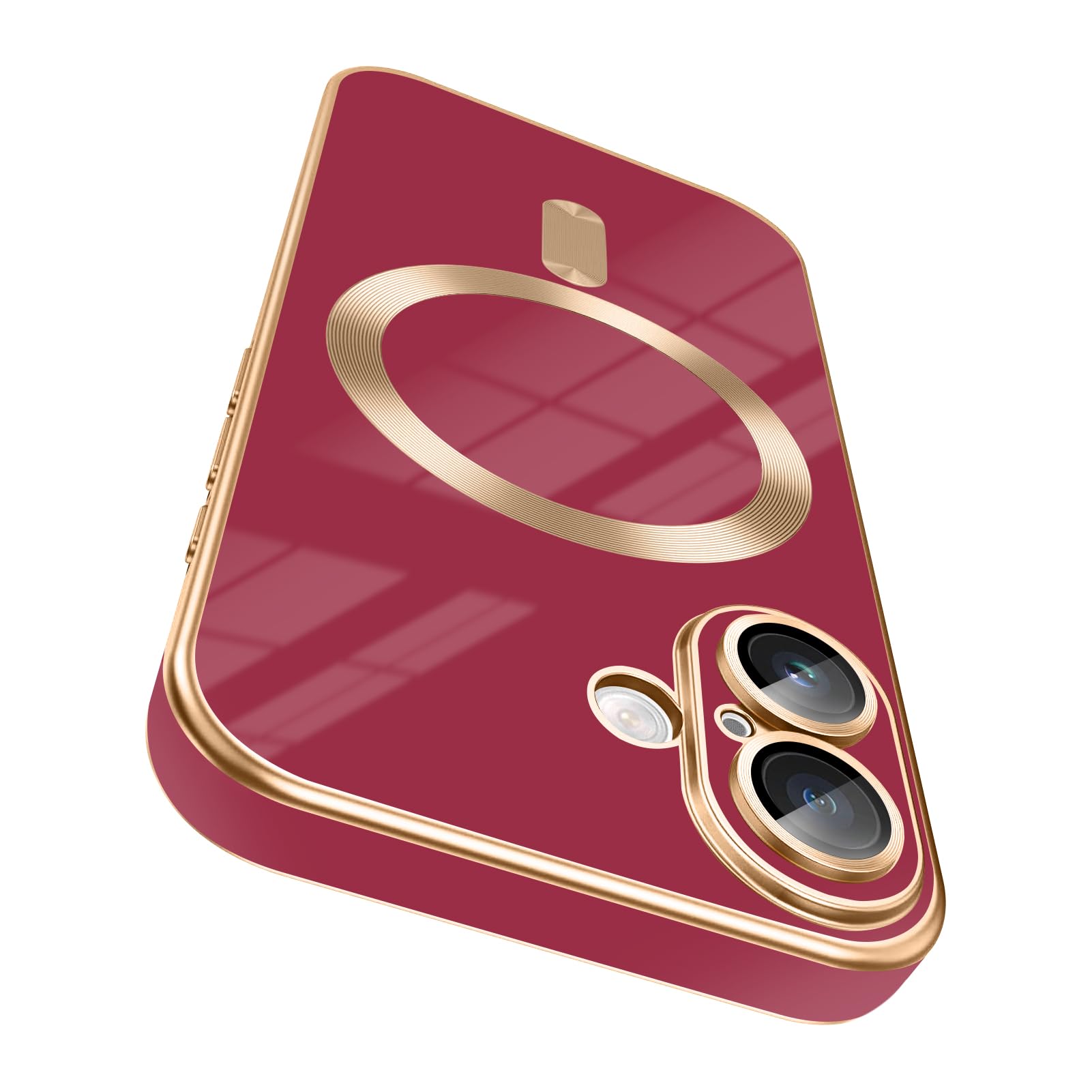 Dinick Designed for iPhone 16 Case with Camera Lens Protector Compatible with MagSafe Soft TPU Bumper Glitter Gold Sides Cover Anti-Scratch Slim Magnetic Case for iPhone 16 Red
