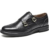 BEAU TODAY Women's Leather Loafers, Monk Strap Womens Oxfords, Comfort Office Business Ladies Casual Shoes, Double Buckles Deign, Brogue Wingtip Slip-on