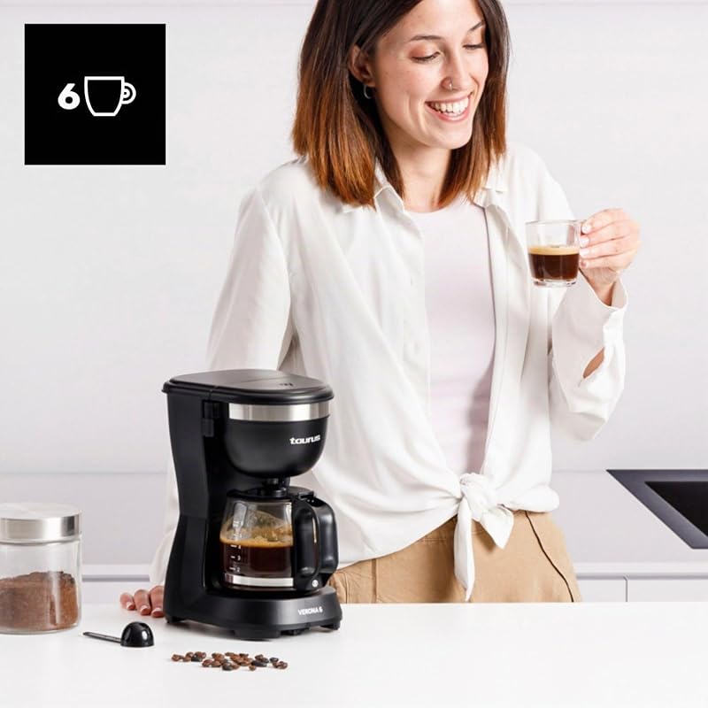 Kaffeemaschine Verona 6, 600 W, 600 ml, Intense Flavour Tech, Heizplatte, waschbarer Permanentfilter, tropffreies Glaskanne, kompaktes Design in Mattschwarz, BPA-frei
