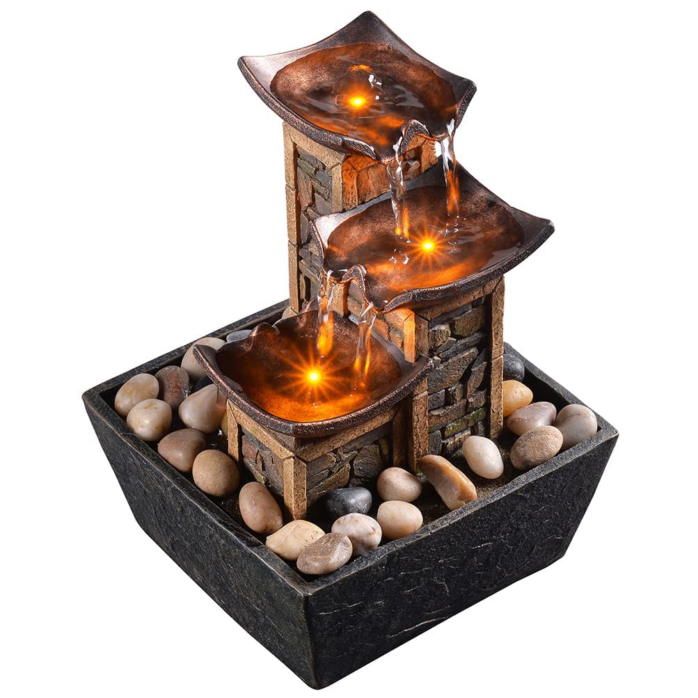 Evisso 3-Stage Relaxation Table Fountain, Stone, Lighted, 6.7 x 6.7 x 8.9 Inches