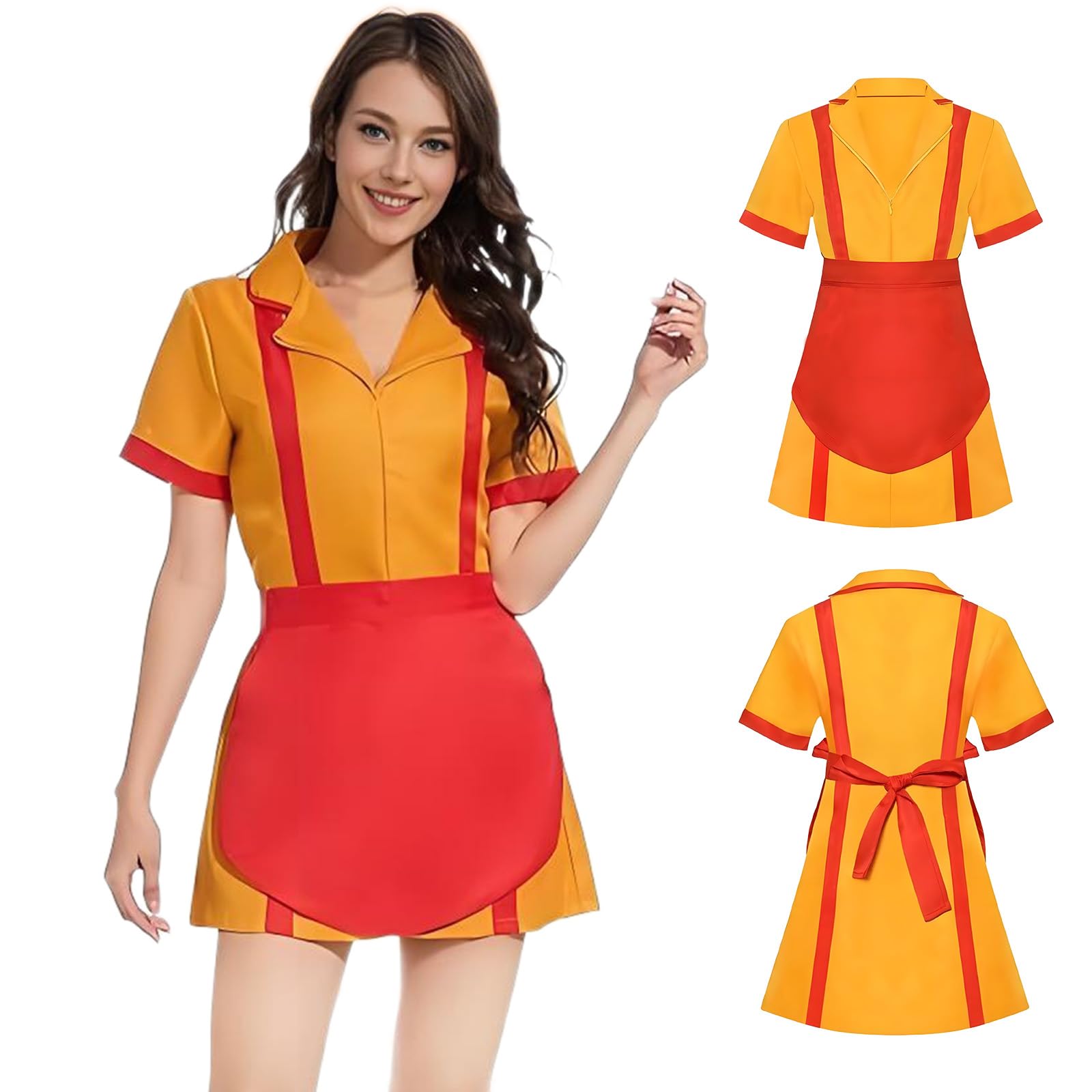 MeYuxg 2 Broke Girls Maid Dress, Maid Outfit Classic Cosplay, Red-Orange Caroline Broke Girls Costume, Waitress Costume Maid Cosplay with Apron, Carnival Costume for Halloween, Theme Parties (2XL)