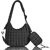 Puffer Tote Bag Quilted Carryall Bag Adjustable Shoulder Long Strap Puffy Hobo Crossbody Bag for Women with Detachable Pouch