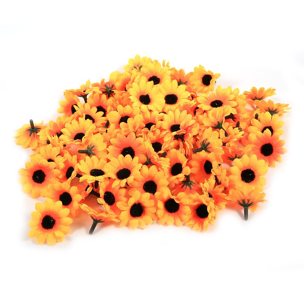 FTVOGUE 100PCS Artificial Gerbera Daisy Fabric Flower Head Wedding Party DIY Decoration Craft(Yellow sunflower)