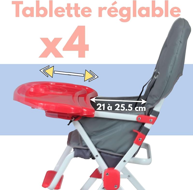 Seggiolone fisso pieghevole per bambini | Ultra compatta e leggera, Ripiano regolabile rimovibile | Rosso