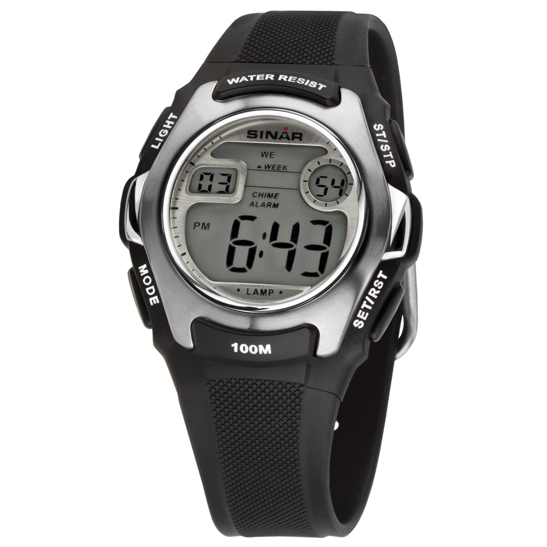 SINAR XE-50-1 - Unisex Watch, Black Rubber Strap, Black/White, Strip