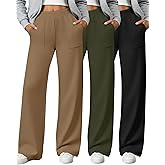 Sweetyweee 3 Pack Women's Wide Leg Lounge Pants High Waisted Sweatpants Casual Elastic Yoga Open Bottom Joggers with Pockets