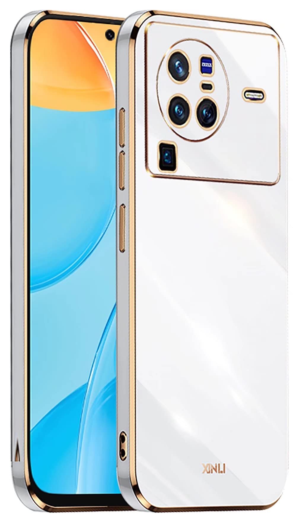 YUWEN Phone Cover Case for VIVO X80 Pro, Golden-Edge Design Colorful Shiny TPU Silicone Stylish Telephone Sleeve Shell - White