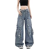 BXCNCKD Women's Retro Washed Workwear Jeans, Multi Pocket Street Loose Wide Leg Jeans, Y2K Jeans