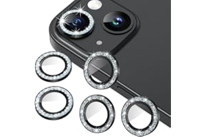 AGVEE 3+3 for iPhone 15/15 Plus Camera Lens Protector, Bling Diamond & Bling Glitter Metal Ring 9H Tempered HD Glass Camera Protector Cover Film, Bling-Black
