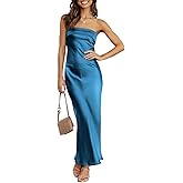 Caracilia Women's Strapless Satin Tube Bodycon Backless Wedding Guest Maxi Dress 2025 Fall Formal Long Dresses Dark Blue Medium