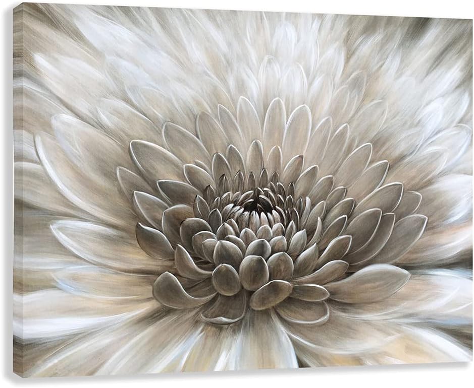 Paintings - RICHSPACE ARTS Floral Wall Art in Neutral Color Modern Farmhouse Canvas Decor White Chrysanthemum Flower Picture Hanging Framed Artwork for Office Bedroom Living Room