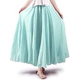 Phorecys Women's Cotton Maxi Skirt Elastic Waist A-Line Flowy Long Skirts Boho Gypsy Renaissance Water Blue 85CM Length