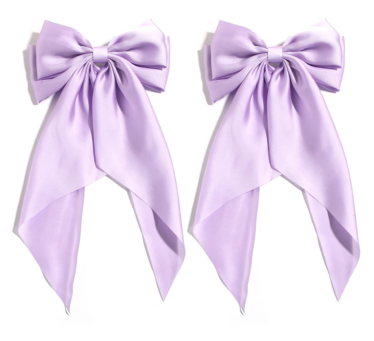 Furling Pompoms Pack of 2 Big Bow Hair Barrette Clips Soft Satin Silky Bowknot with long Tail French Barrette Hair Clip Hair Scrunchie Cute Gifts for Women Girls (Lilac)