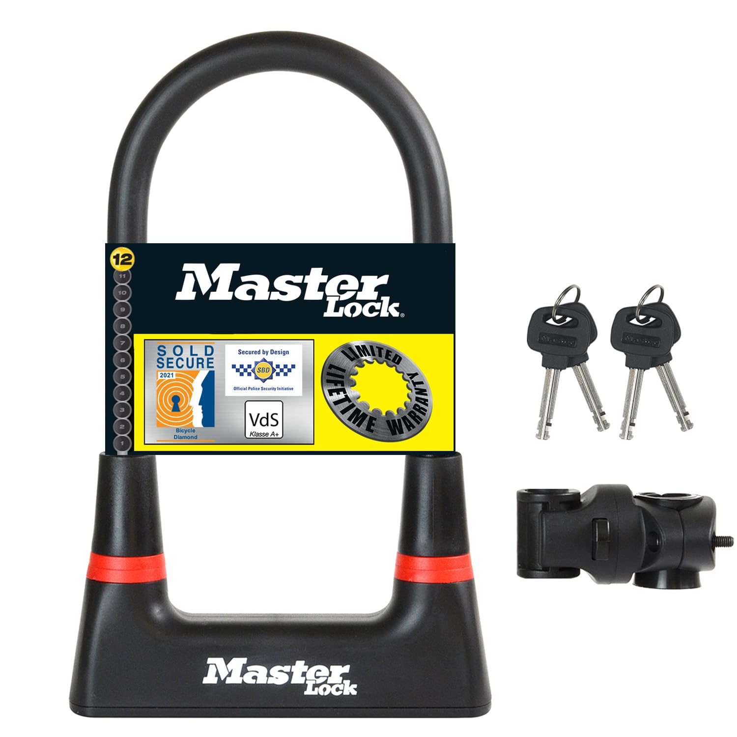 Master Lock Heavy Duty Bike D Lock, Key, Universal Mounting Bracket, Certified Bike Lock - Police Approved 8279EURDPRO - Use with Electric, Mountain, Road, Folding Bikes