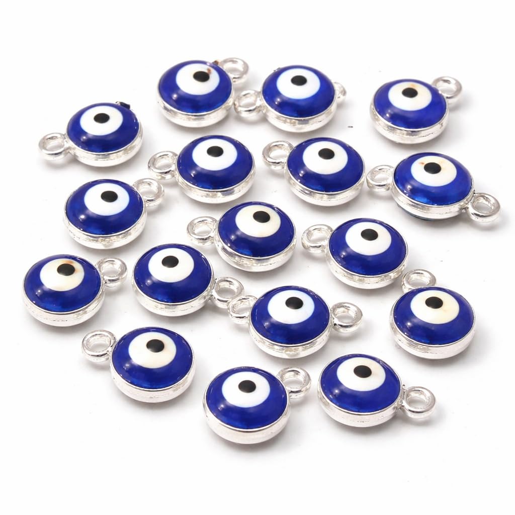 Perlin Nazar Boncugu Jewelry Pendant Chain Charm Bracelet Enameled Charm Pendant, 10 Pieces, Blue Eye, Evil Eye, DIY Jewelry, ca. 10x6 mm, Metal