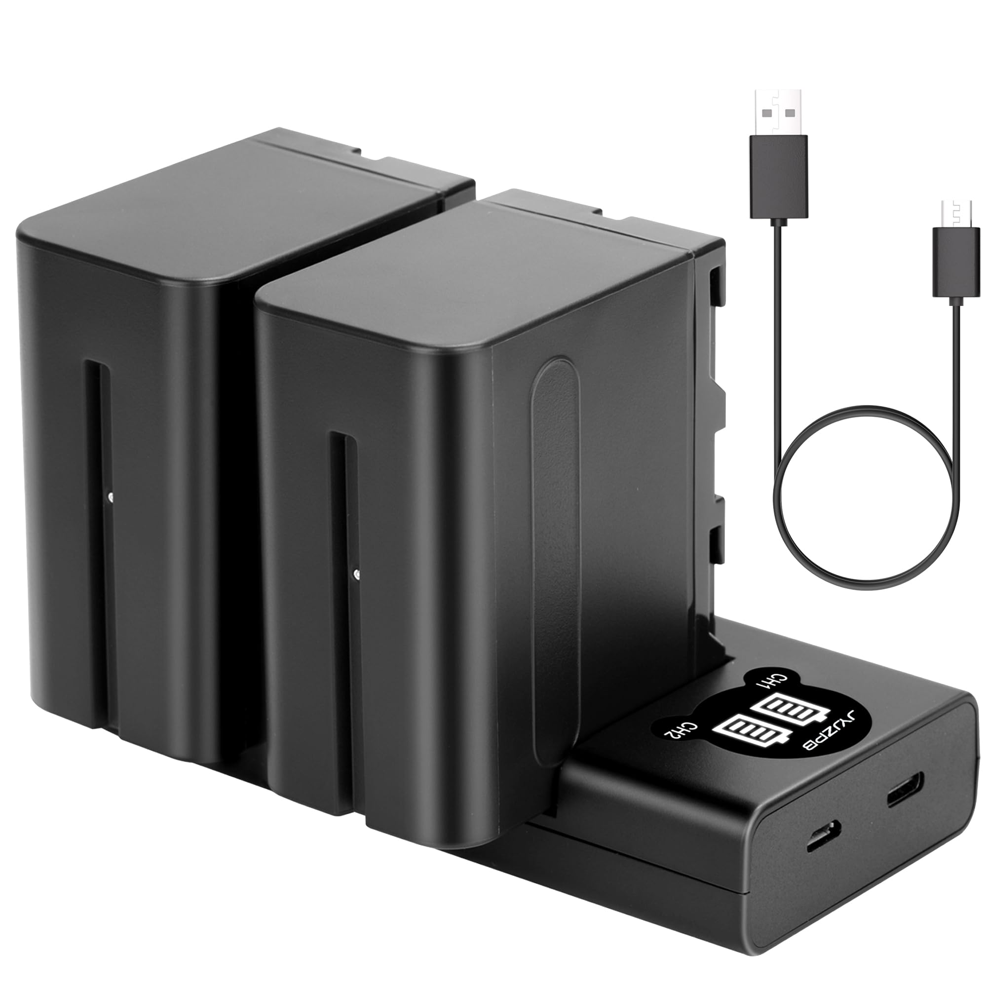 JYJZPB 2 Pack NP-F970 Replacement Battery and Dual LCD Charger, Compatible for Sony NP-F970 NP-F960 NP-F950 NP-F930 NP-F750 NP-F550 F960 F950 F770 F750 F570 F550, For Handycam LED Light Monitor