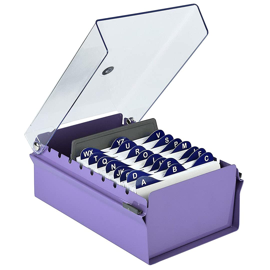 Acrimet 3'' X 5'' Card File Holder Organizer Box Metal Base Heavy Duty (AZ Index Cards 130mm Width x 90mm Height and Divider Included) (Purple Color with Clear Crystal Plastic Lid Cover)