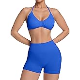 Comper 2 Piece Workout Sets for Women Halter Strappy Sports Bra with Seamless Ribbed Gym Yoga shorts Outfits