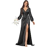 Djqpi Long Sleeve Satin Bridesmaid Dresses V Neck Ruffles Pleated Mermaid Long Formal Prom Dress with Slit