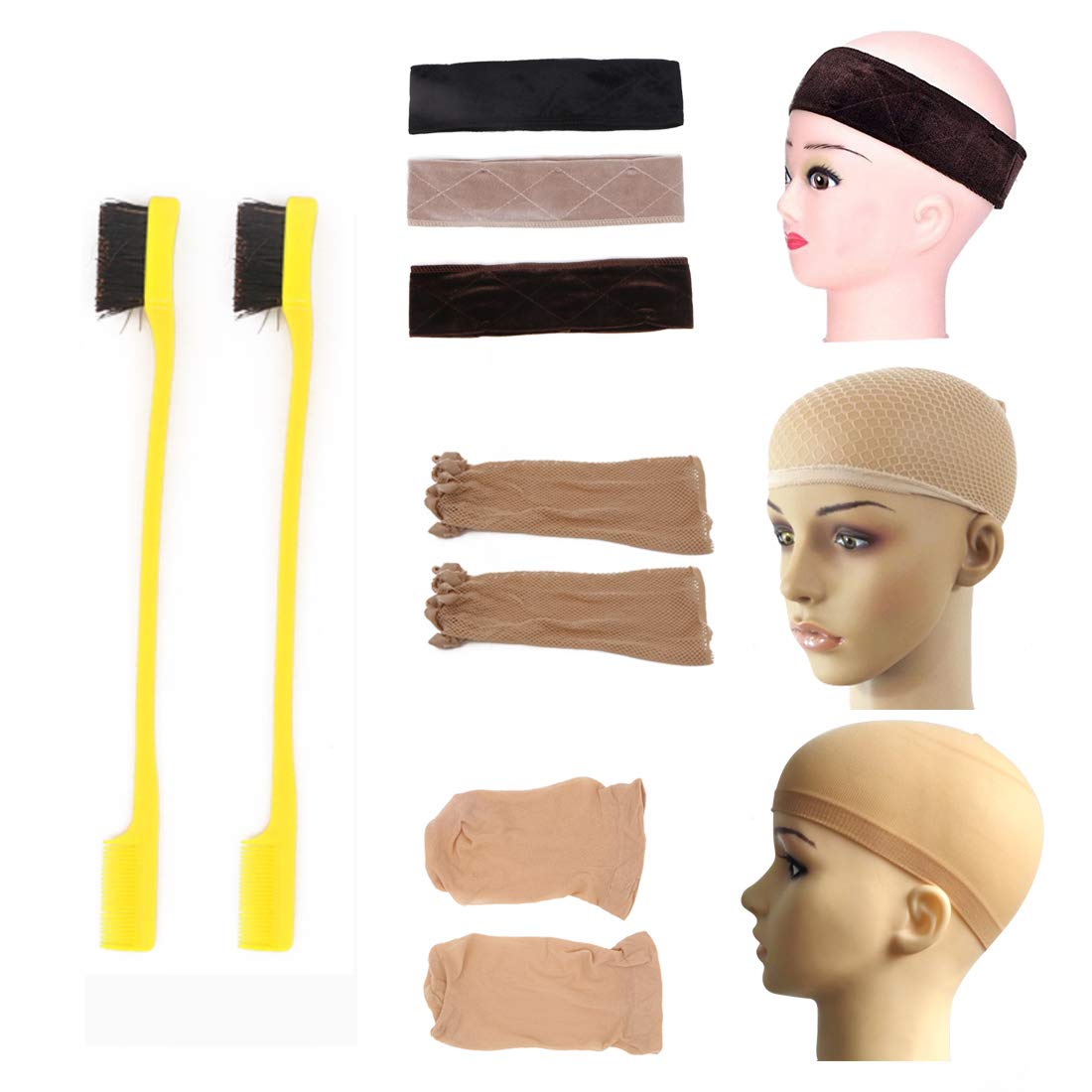 7-Piece Set Stretchy Nylon Wigs Caps Adjustable Velvet Wig Hair Headband Set with 2 Pcs Hair Edges Brushes Nude Color Cap for Women and Men