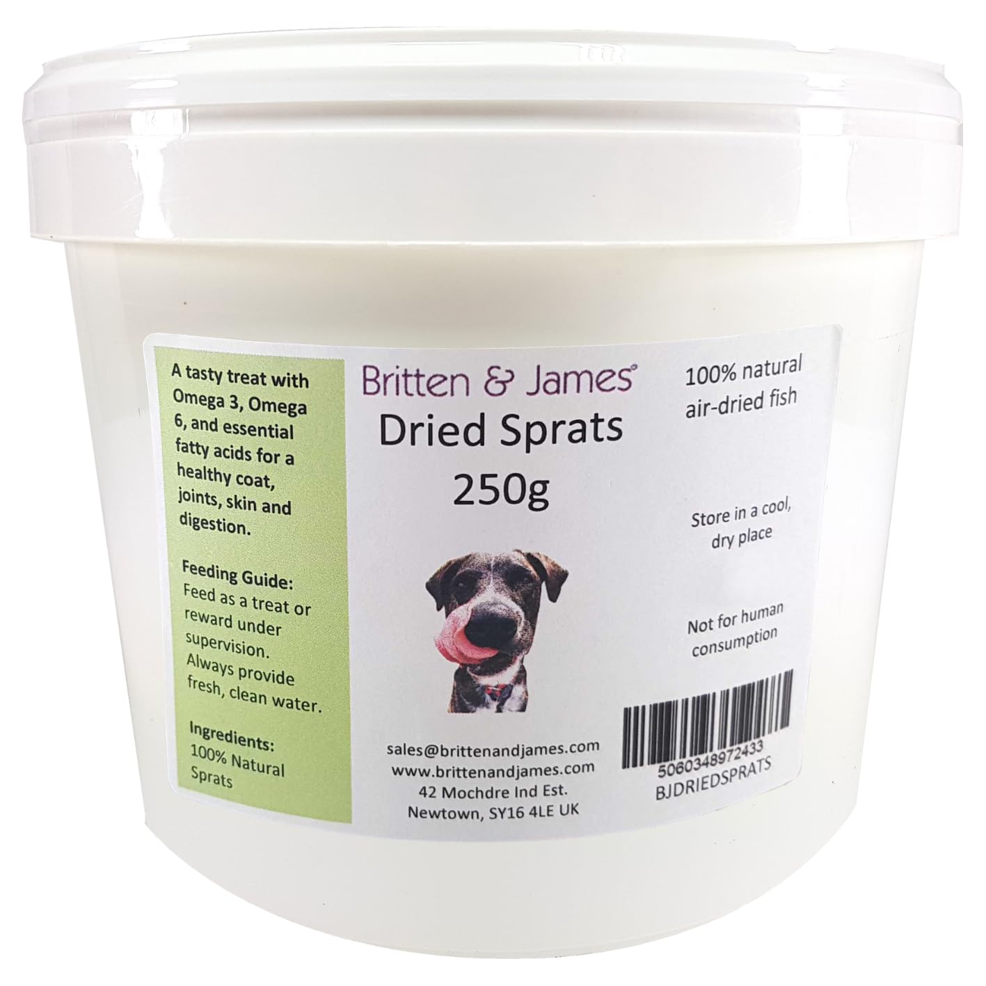 Sprats for Dogs - Natural and Air Dried in a Resealable Tub (250g). A Healthy, High Protein Snack and Training Treat by Britten and James