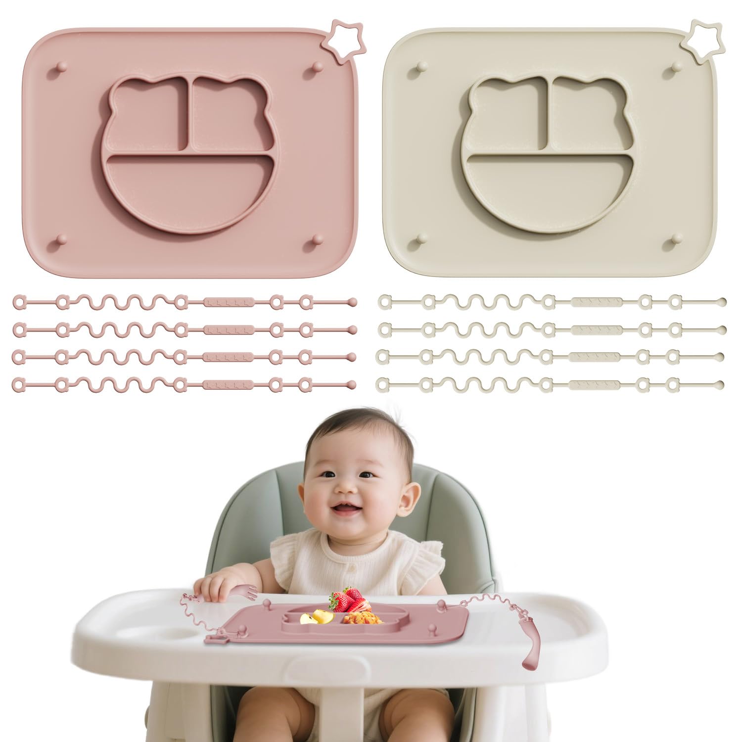 Photo 1 of 2 Pack Silicone Baby Placemats with Non-Slip Strong Suction Base and Anti-Drop 8 Stretchable Straps, BPA Free Food Grade Silicone Table Mats for Babies Toddlers, High Chair, Dining Tables,Beige+Pink