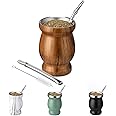 Husfunov 8oz Yerba Mate Cup, 304 Stainless Steel Double-Wall Mate Cup, Heat Insulation Yerba Mate Gourd, Tea Cup Set Includes Cleaning Brush & 2 Bombillas (Wood)