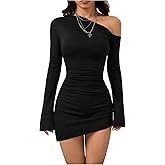 GORGLITTER Women's Off The Shoulder Bodycon Mini Dresses Ruched Long Sleeve Asymmetrical Cocktail Pencil Party Short Dress