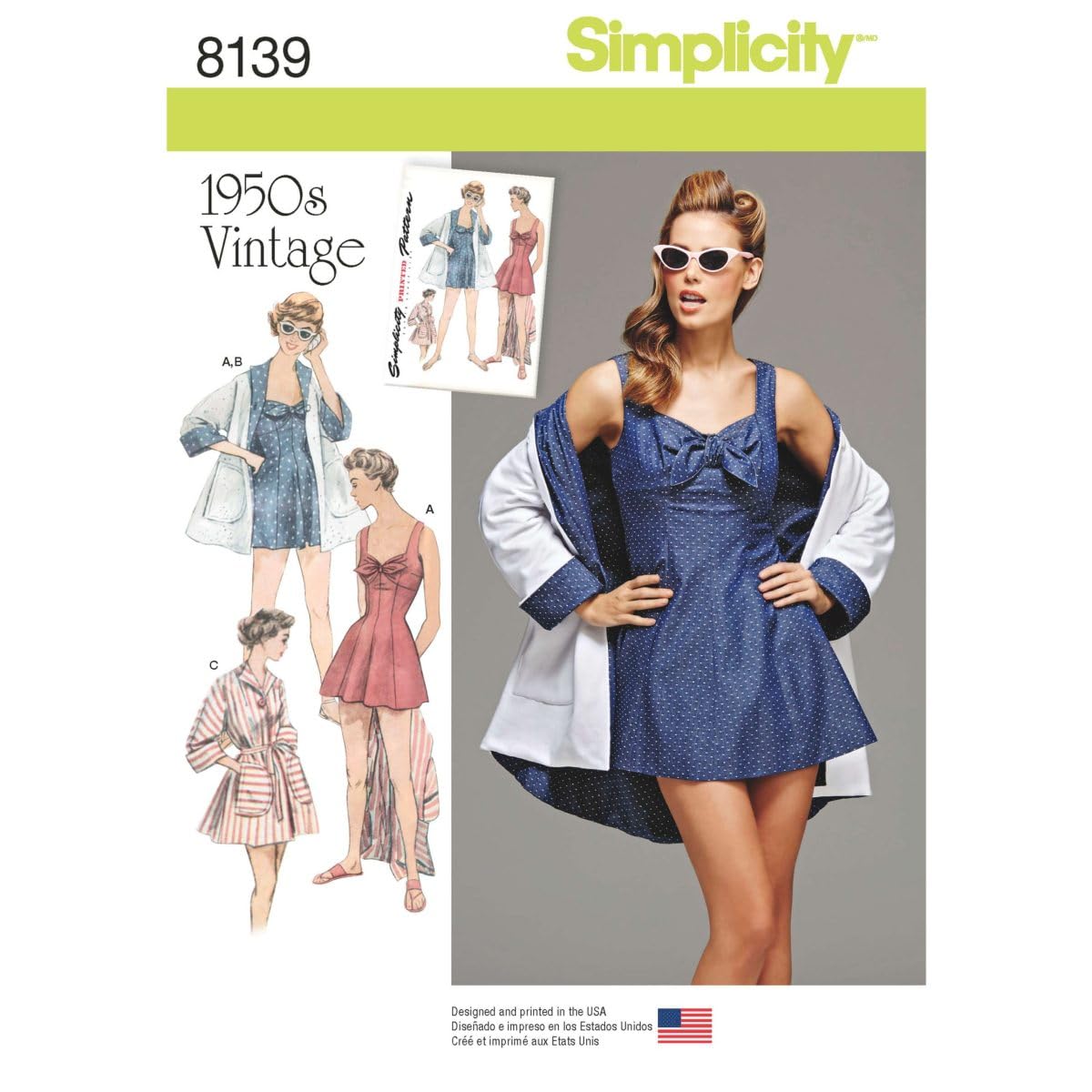 Simplicity Pattern 8139 Misses' Vintage Bathing Dress and Beach Coat Sewing Patterns, White, Size R5