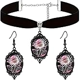 Dreuyet Gothic Rose Cameo Earrings Necklace Set for Women Vintage Crystal Glass Red Rose Flower Velvet Choker Necklace Black Goth Mystic Victorian Earrings Punk Halloween Jewelry