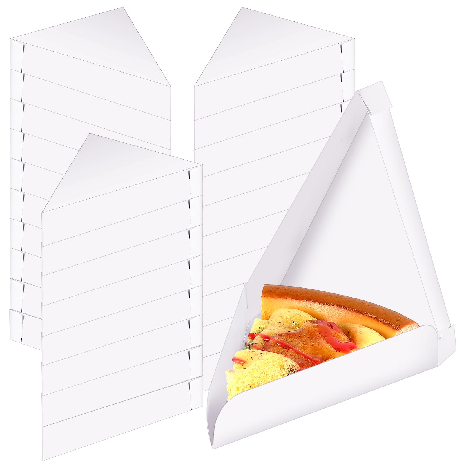 Photo 1 of Tioncy 50 Pcs Pizza Slice Box 9.65 x 7.28 x 1.77 Inch Bulk Disposable Single Slice Wedge Tray Paperboard Triangle Pizza Container Boxes Holder Container for Birthday (White)