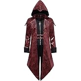 ZNZHKR Men‘s PU hooded Leather Steampunk Jacket Medieval Gothic Victorian Vampire Coat Tailcoat Gear Design Adjustable (Red, S)