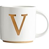 COLLECTIVE HOME - Monogram Ceramic Mugs, 15 oz Golden Initial Coffee Cups, Elegant Alphabet Tea Mugs, Elegant Personalized Mug with Gift Box, Unique Mug with Double Side Capital Letter (V)