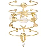 SLYAIH Shell Bracelet Seashell Boho Beaded Stretch Bracelets for Women Summer Beach Bracelets Starfish Charm Bracelet Stackable Gold Plated Bracelets Set for Women