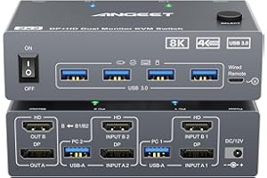 KVM Switch 2 Monitors 2 Computers 8K@60Hz, 4K@144Hz, ANGEET HDMI and Displayport Dual Monitor KVM Switch with 4 USB 3.0 Port 