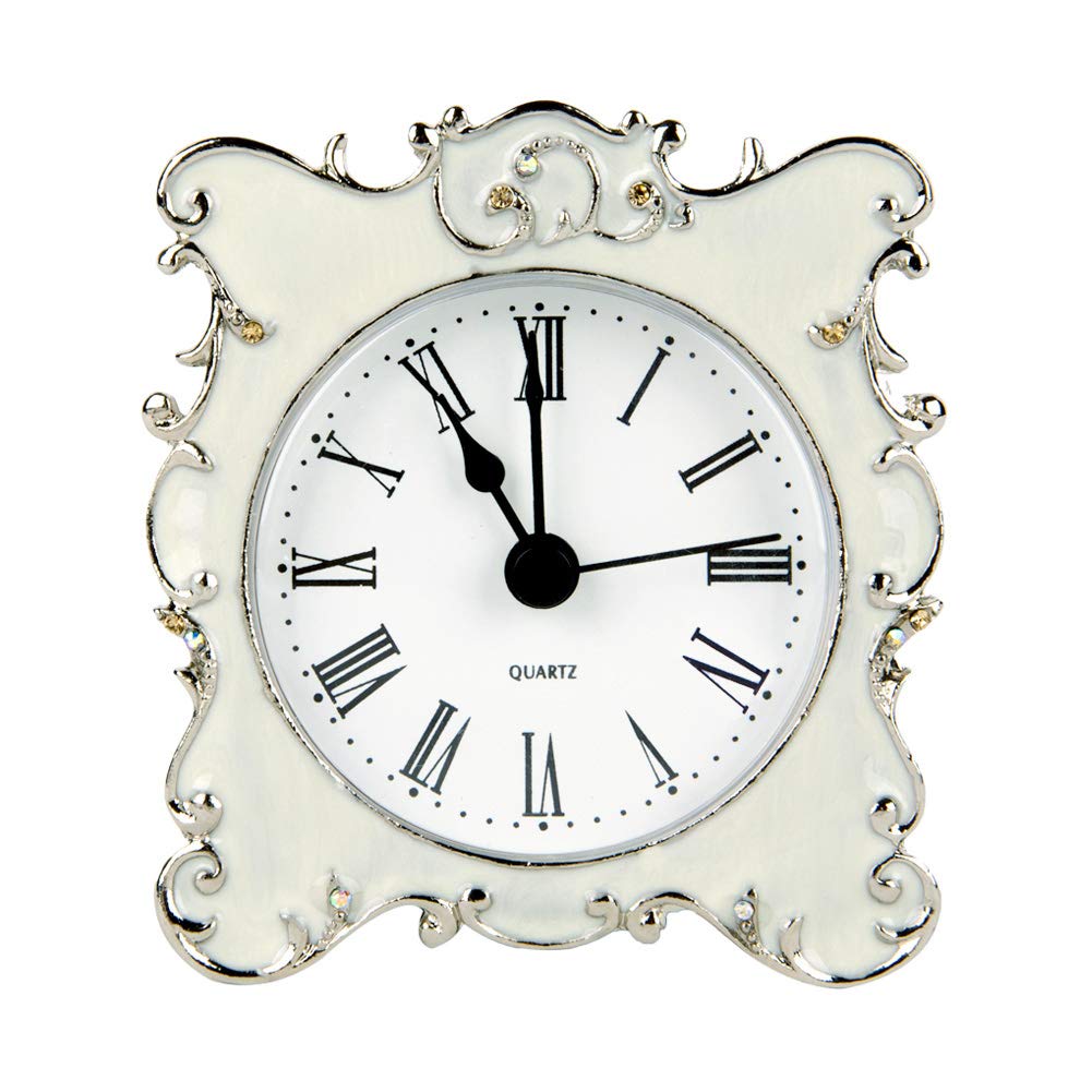 NIKKY HOME Pewter Pretty Small and Cute Vintage Table Clock with Quartz Analog Crystal Rhinestone 3 Inch for Living Room Bathroom Decoration, White Enamel