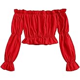 LYANER Women's Off Shoulder Ruffle Trim Puff Long Sleeve Tube Crop Blouse Shirt Top