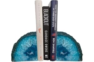 AMOYSTONE Teal Agate Bookends, Decorative Brazilian Crystal Quartz Book Stopper, 3-4 LBS with Non-Slip Mat, Perfect for Kitchen Cookbooks and Bookshelf Ends