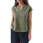 Amazhiyu Women's 100% Linen V Neck Cap Sleeve Blouse Basic Casual Summer Top