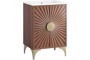 Modway Daylight Bathroom Vanity Cabinet with Ceramic Sink Basin, 24 Inch, White Walnut