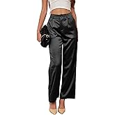 Fakanhui Wide Leg Pants for Women Work Party Wedding Casual Slacks Satin Nightout Pant Trouser
