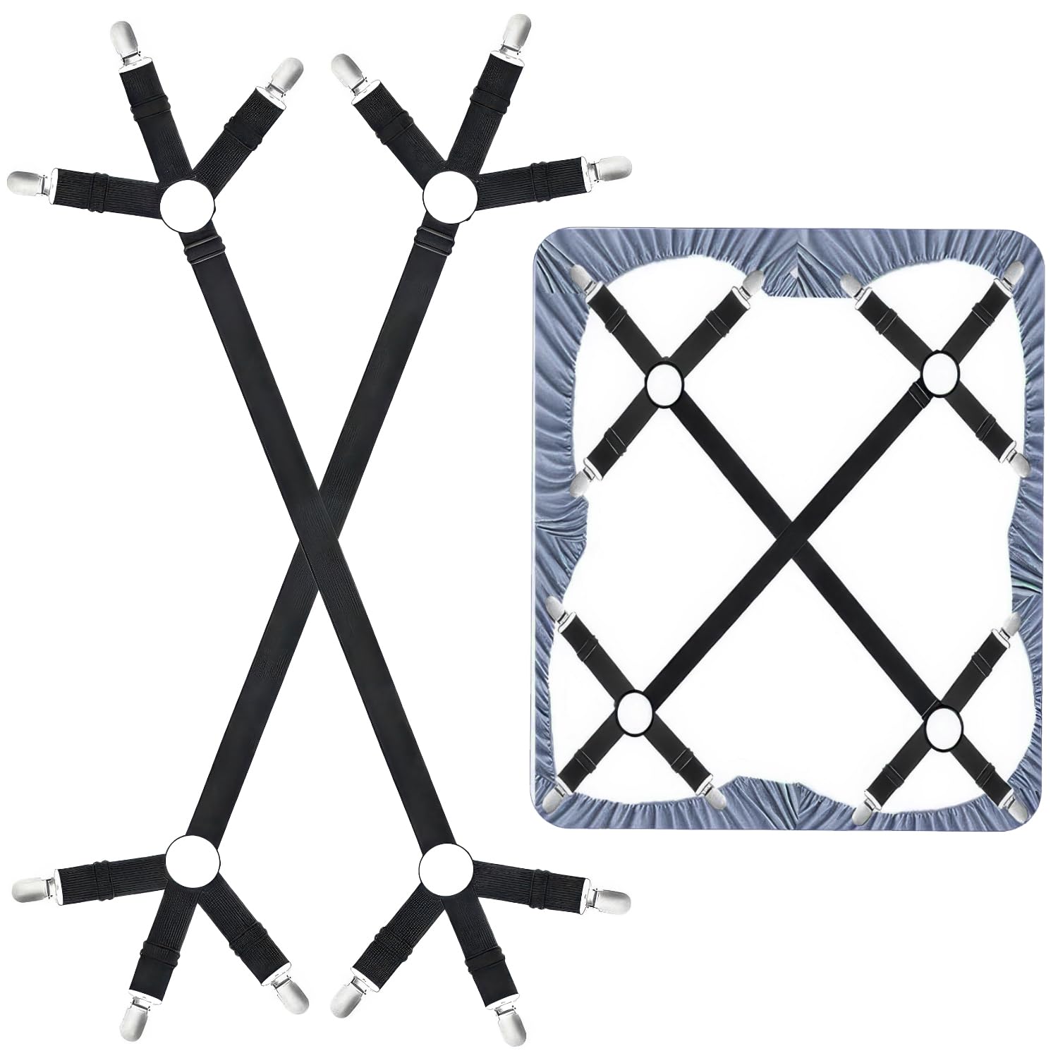 SUBTAVIK 2 Pcs Bed Sheet Clips, Adjustable Sheet Clips for Bedding Heavy Duty Fitted Sheet Clips Firm & Tight Bed Sheet Grippers Universal Fitted Sheet Straps Elastic Bedsheet Clip (Black)