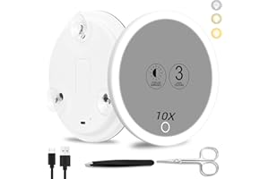 SUUPVAOR Magnifying Mirror with Light 10x, 3 Color Modes Dimming Rechargeable Large 6'' Lighted 10x Magnified Mirror with Suction Cups Travel Magnifying Makeup Mirror 10x Magnification with Tweezers & Scissors