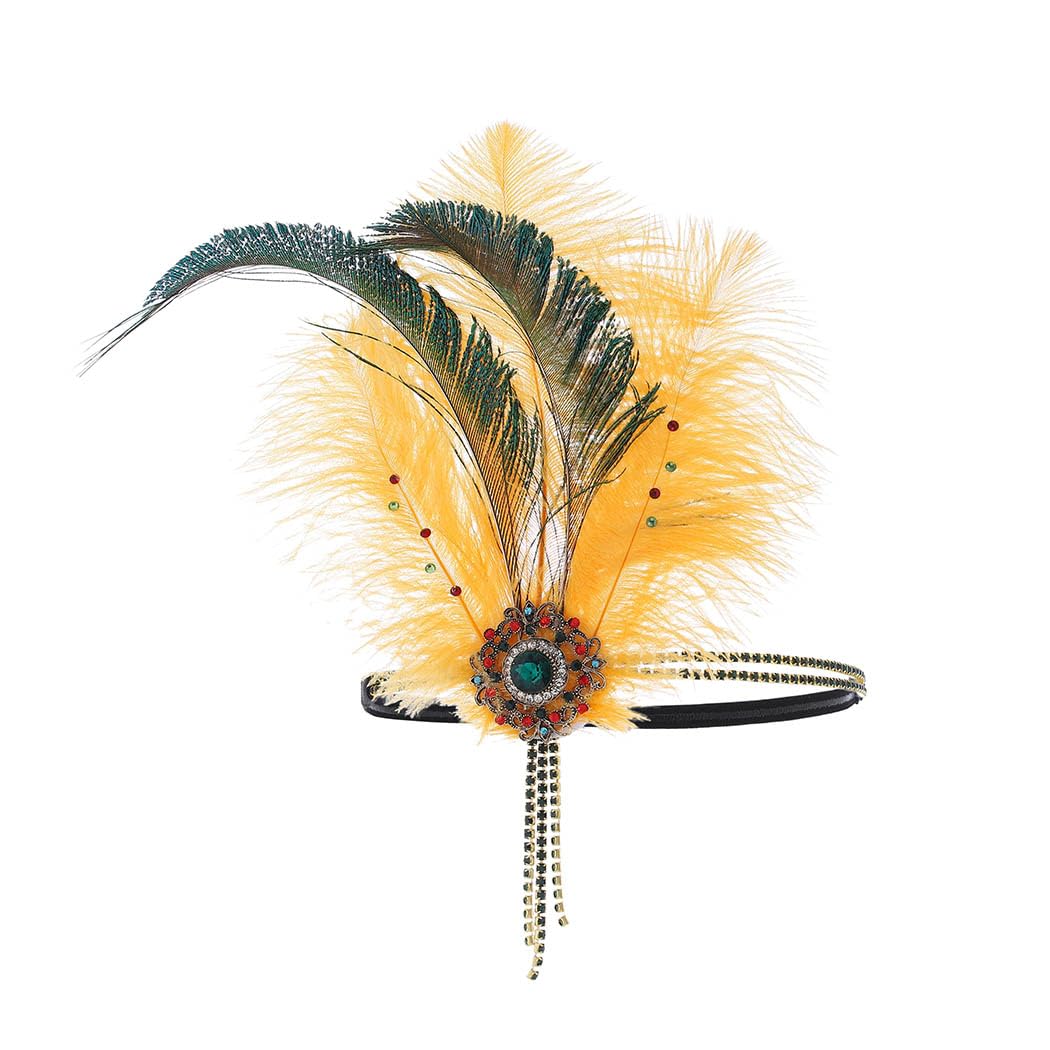 IYOU Feather Flapper Headpiece Rhinestone Yellow Gatsby Headbands Festival Wedding 1920s Hair Accessories for Women
