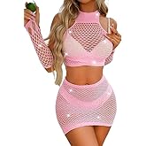 JJ Redd EDC Summer Rave Outfits for Women Sexy Mesh Skirt Two Piece in Neon or Pink