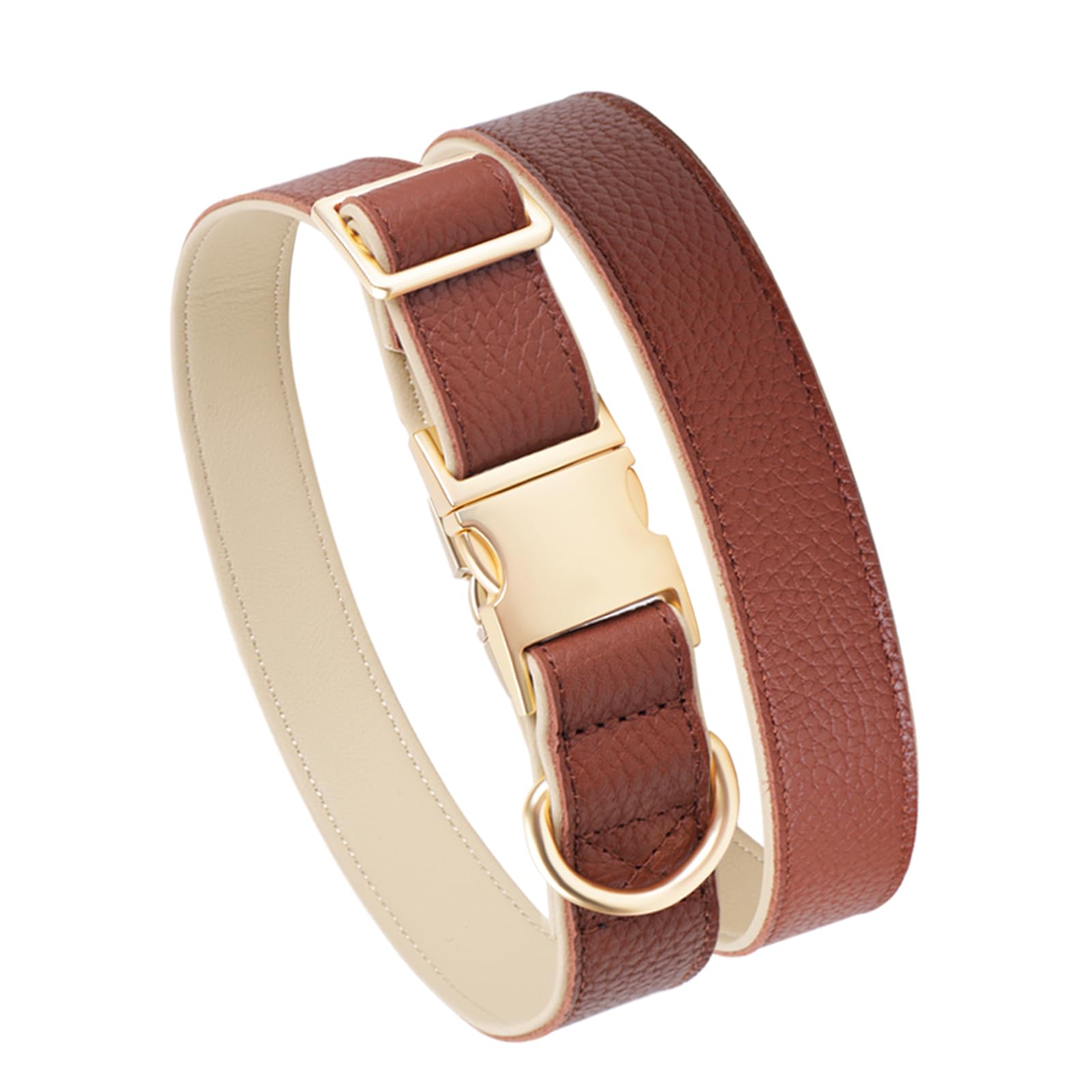 Brown Leather Dog Collar，Adjustable Genuine Soft Padded for Small Medium Large Dogs，Quick Released Metal Buckle(S,Brown)