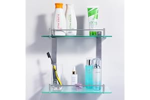 HOMEIDEAS 2-Tier Bathroom Glass Shelf - 14 Inch Thick Tempered Glass, Wall Mounted Brushed Nickel Shelf - Rustproof SUS 304 Stainless Steel Frosted Glass Shelf